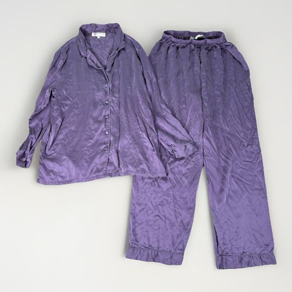 Texere Silk Hand Painted Luxury Women's 2 Piece Purple Lounge Pajama Set Size L - Picture 1 of 10
